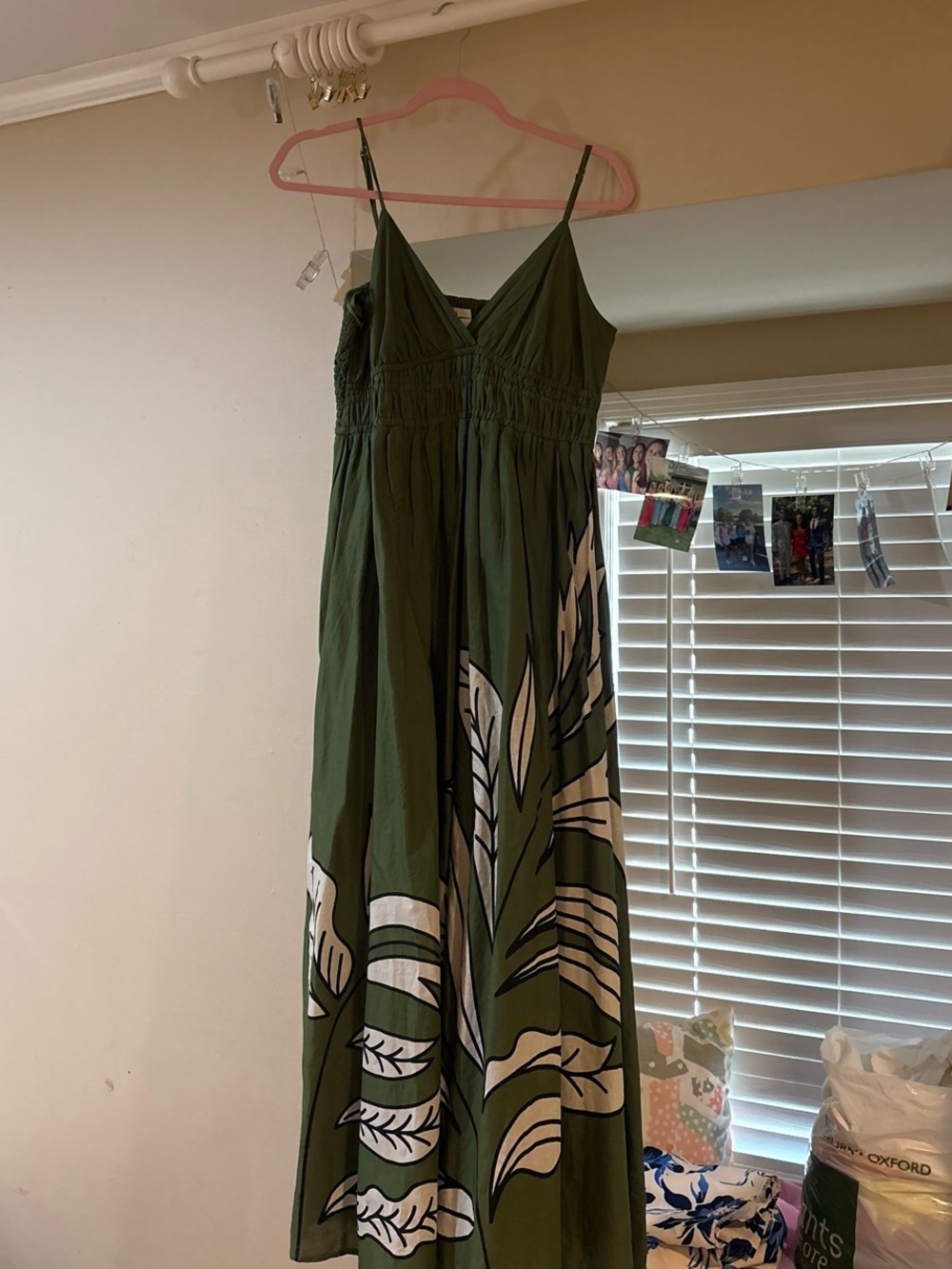 T.J.Maxx Olive Green Maxi Dress with Cream Leaf Print